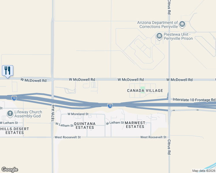 map of restaurants, bars, coffee shops, grocery stores, and more near 18315 West McDowell Road in Goodyear