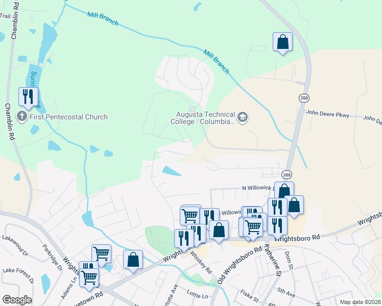 map of restaurants, bars, coffee shops, grocery stores, and more near 2226 Guy Drive in Grovetown