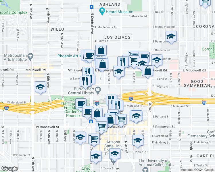 map of restaurants, bars, coffee shops, grocery stores, and more near 1310 North 2nd Street in Phoenix