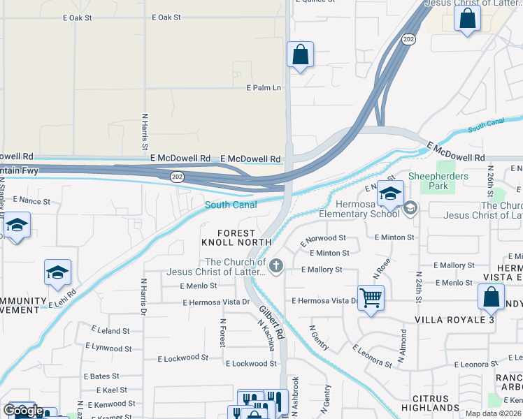map of restaurants, bars, coffee shops, grocery stores, and more near 2648 North Ridge in Mesa