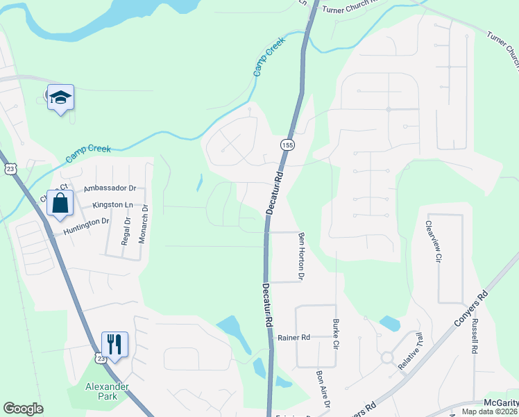 map of restaurants, bars, coffee shops, grocery stores, and more near 405 Georgia 155 North in McDonough