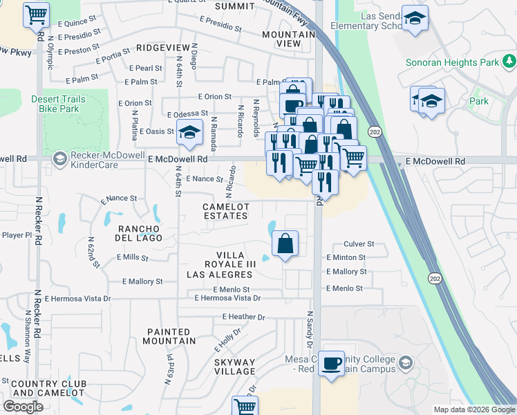 map of restaurants, bars, coffee shops, grocery stores, and more near 2634 North Sericin Circle in Mesa