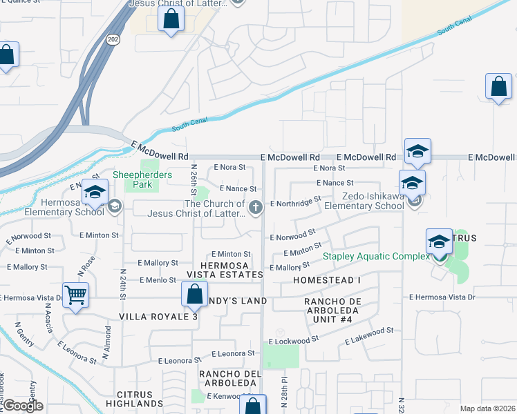 map of restaurants, bars, coffee shops, grocery stores, and more near 2618 North Lindsay Road in Mesa