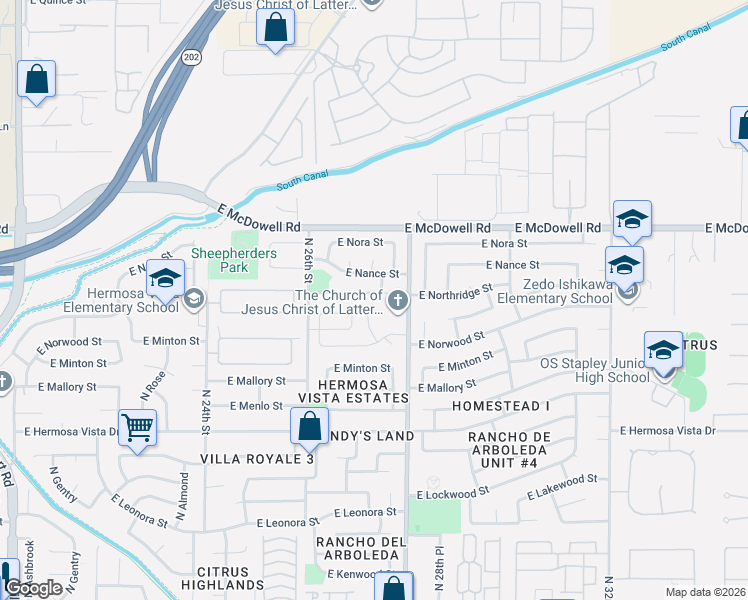 map of restaurants, bars, coffee shops, grocery stores, and more near 2717 East Northridge Street in Mesa