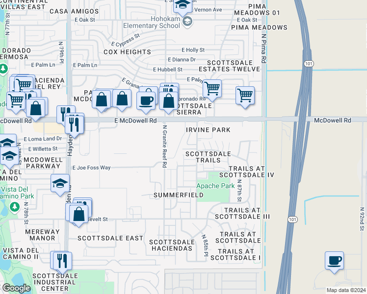 map of restaurants, bars, coffee shops, grocery stores, and more near 118 North 85th Place in Scottsdale