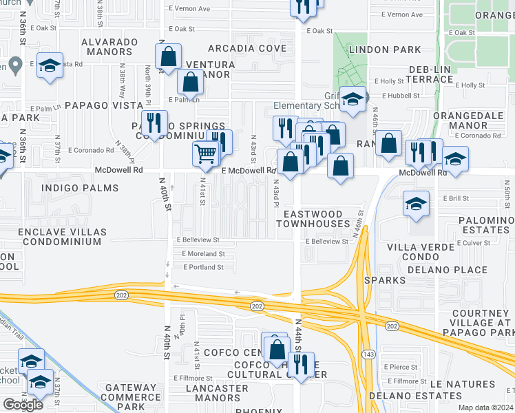 map of restaurants, bars, coffee shops, grocery stores, and more near 4225 East McDowell Road in Phoenix