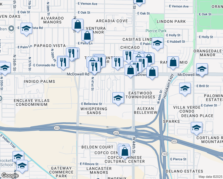 map of restaurants, bars, coffee shops, grocery stores, and more near 4225 East McDowell Road in Phoenix