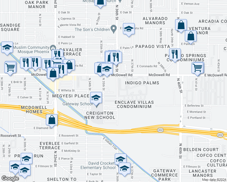 map of restaurants, bars, coffee shops, grocery stores, and more near 1234 North 36th Street in Phoenix