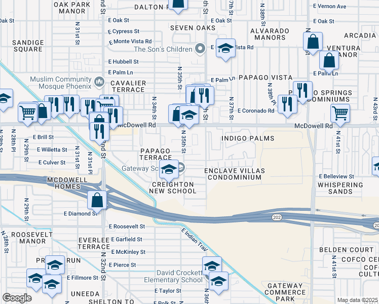 map of restaurants, bars, coffee shops, grocery stores, and more near 1234 North 36th Street in Phoenix