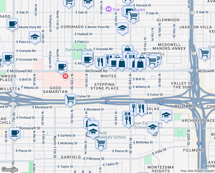 map of restaurants, bars, coffee shops, grocery stores, and more near 1305 North 14th Street in Phoenix