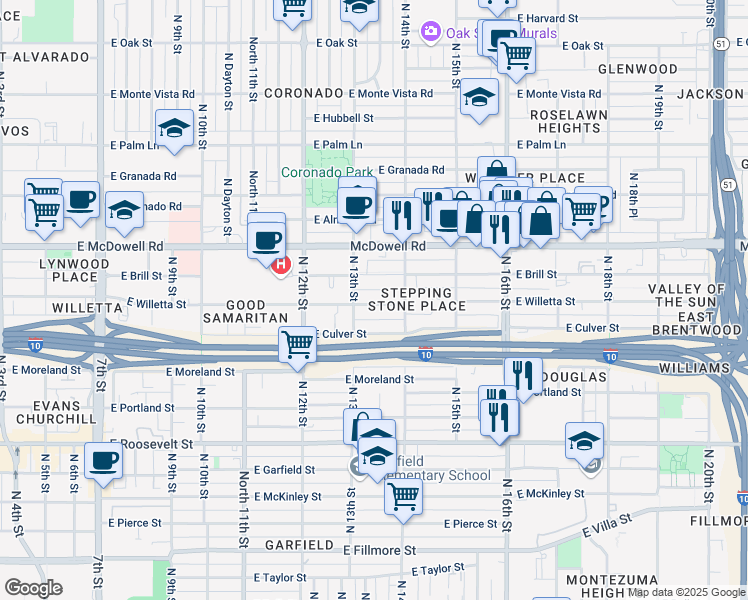 map of restaurants, bars, coffee shops, grocery stores, and more near in Phoenix