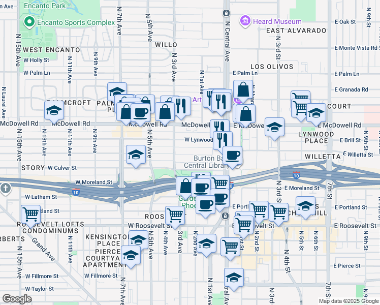 map of restaurants, bars, coffee shops, grocery stores, and more near 69 West Willetta Street in Phoenix
