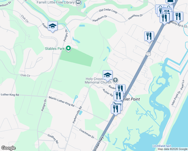 map of restaurants, bars, coffee shops, grocery stores, and more near 1063 Parkersville Road in Pawleys Island