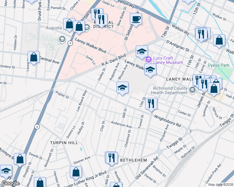 map of restaurants, bars, coffee shops, grocery stores, and more near 1420 Perry Avenue in Augusta
