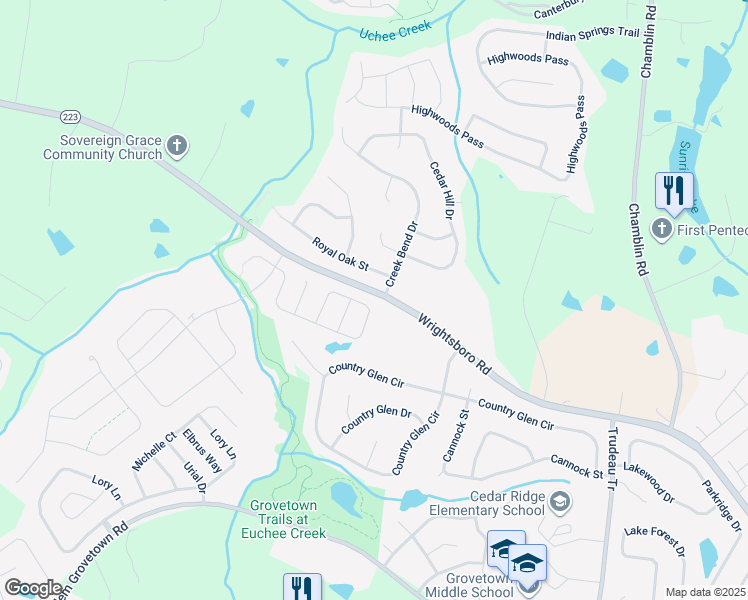 map of restaurants, bars, coffee shops, grocery stores, and more near 1172 Fawn Forest Road in Grovetown