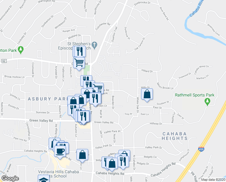 map of restaurants, bars, coffee shops, grocery stores, and more near 3216 Bearden Drive in Vestavia Hills