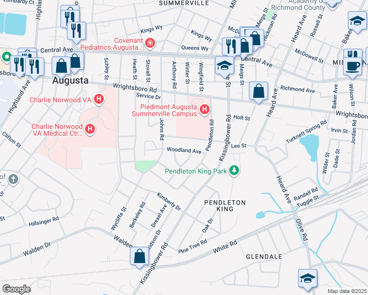 map of restaurants, bars, coffee shops, grocery stores, and more near 2215 Woodland Avenue in Augusta