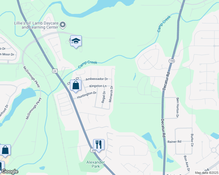 map of restaurants, bars, coffee shops, grocery stores, and more near 4000 Regal Drive in McDonough