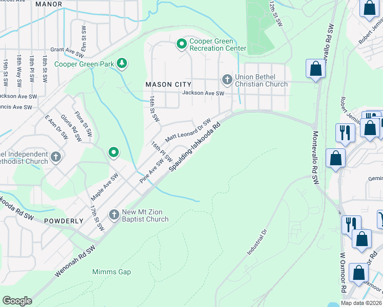 map of restaurants, bars, coffee shops, grocery stores, and more near 1529 Spaulding-Ishkooda Road in Birmingham
