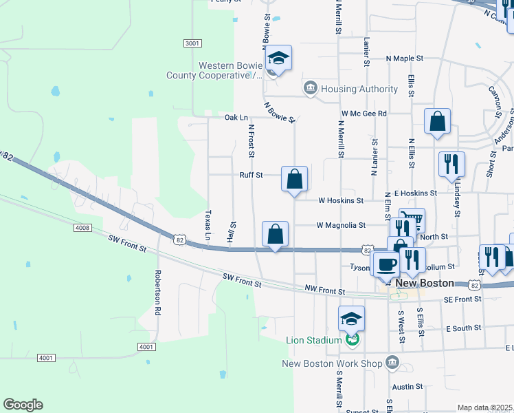 map of restaurants, bars, coffee shops, grocery stores, and more near 309 North Frost Street in New Boston