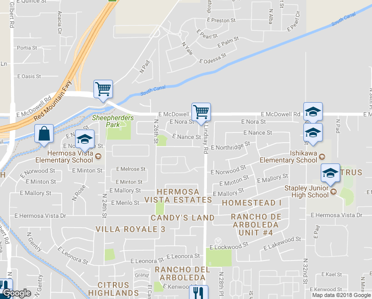 map of restaurants, bars, coffee shops, grocery stores, and more near 2717 East Northridge Street in Mesa