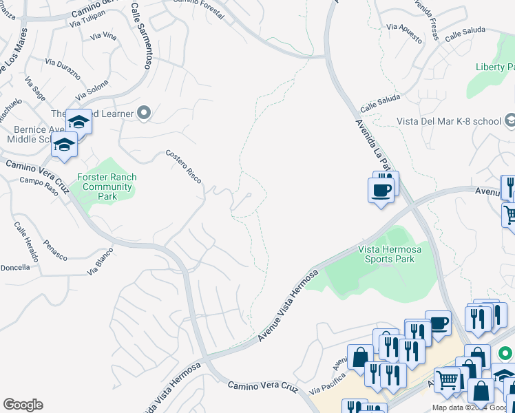map of restaurants, bars, coffee shops, grocery stores, and more near Forester Ranch Ridgeline Trail in San Clemente
