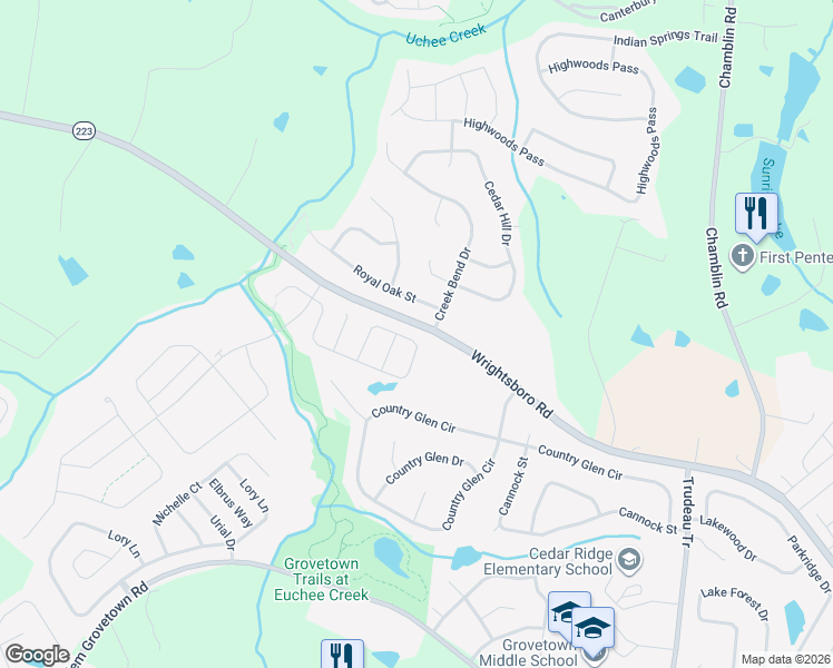 map of restaurants, bars, coffee shops, grocery stores, and more near 1172 Fawn Forest Road in Grovetown