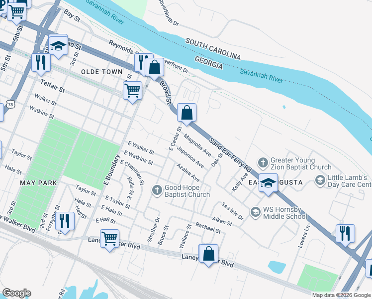 map of restaurants, bars, coffee shops, grocery stores, and more near 212 Japonica Avenue in Augusta