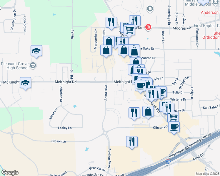 map of restaurants, bars, coffee shops, grocery stores, and more near 4323 McKnight Road in Texarkana