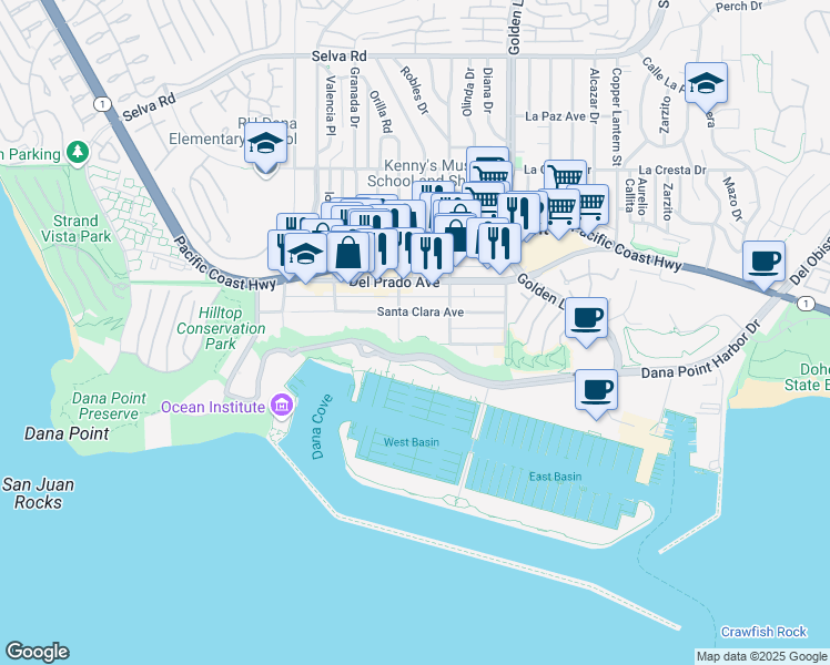 map of restaurants, bars, coffee shops, grocery stores, and more near 24536 Santa Clara Avenue in Dana Point