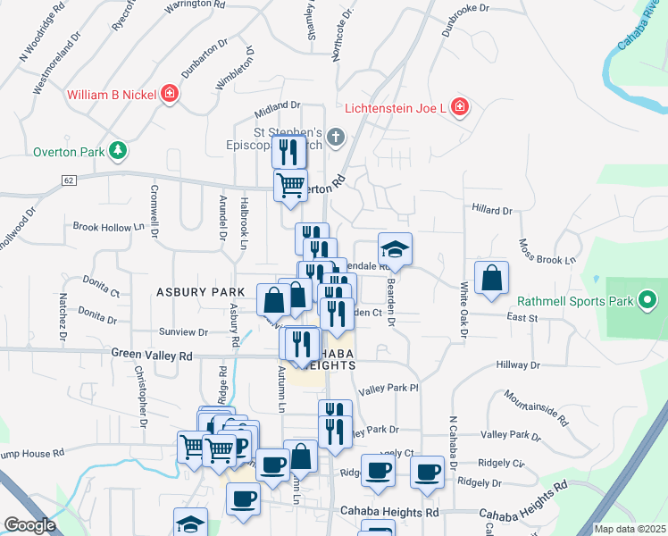 map of restaurants, bars, coffee shops, grocery stores, and more near 3906 Waynely Drive in Birmingham