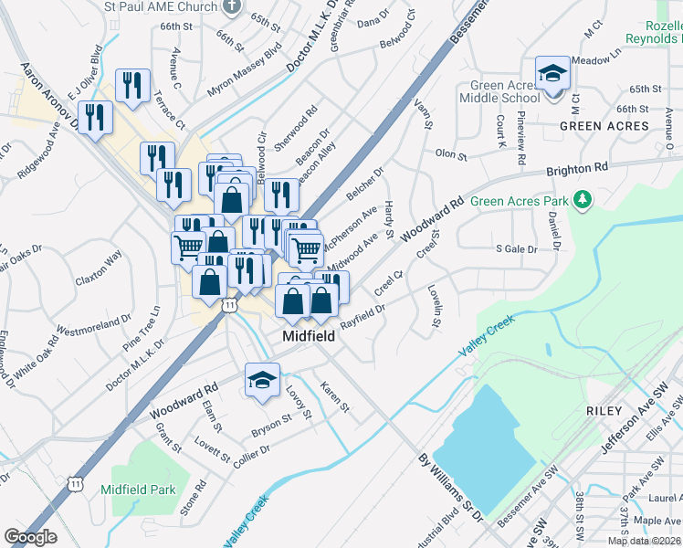 map of restaurants, bars, coffee shops, grocery stores, and more near 317 Midwood Avenue in Birmingham