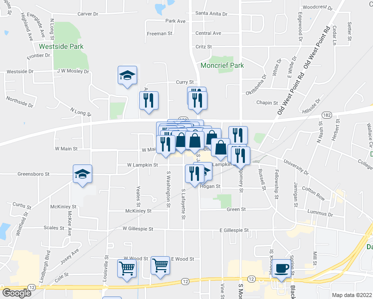 map of restaurants, bars, coffee shops, grocery stores, and more near 223 E Main St in Starkville