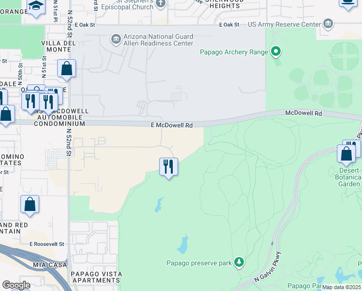 map of restaurants, bars, coffee shops, grocery stores, and more near 5645 East McDowell Road in Phoenix
