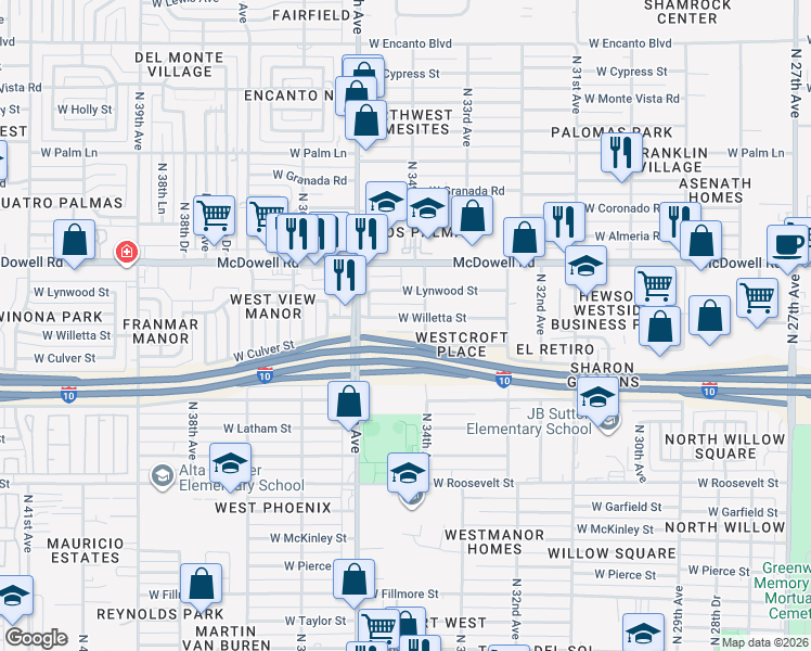 map of restaurants, bars, coffee shops, grocery stores, and more near 3413 West Willetta Street in Phoenix