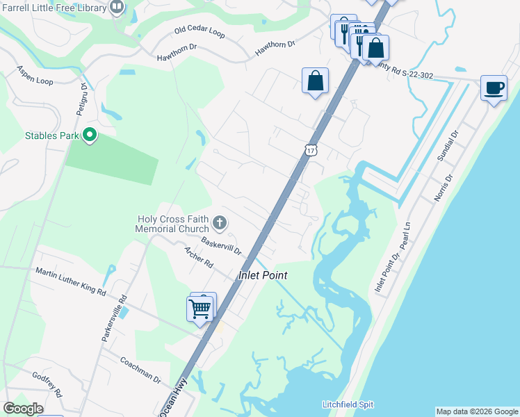 map of restaurants, bars, coffee shops, grocery stores, and more near 12435 Ocean Highway in Pawleys Island