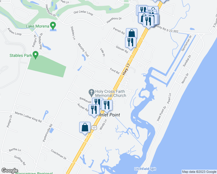 map of restaurants, bars, coffee shops, grocery stores, and more near 12435 Ocean Highway in Pawleys Island