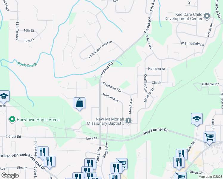 map of restaurants, bars, coffee shops, grocery stores, and more near 557 Harlem Avenue in Hueytown