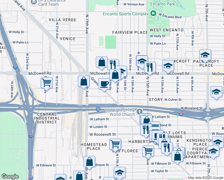map of restaurants, bars, coffee shops, grocery stores, and more near 1407 North 17th Drive in Phoenix