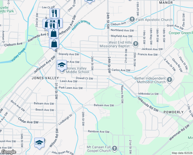 map of restaurants, bars, coffee shops, grocery stores, and more near 2428 Lawn Avenue Southwest in Birmingham