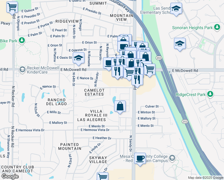 map of restaurants, bars, coffee shops, grocery stores, and more near 2645 North Saffron Circle in Mesa