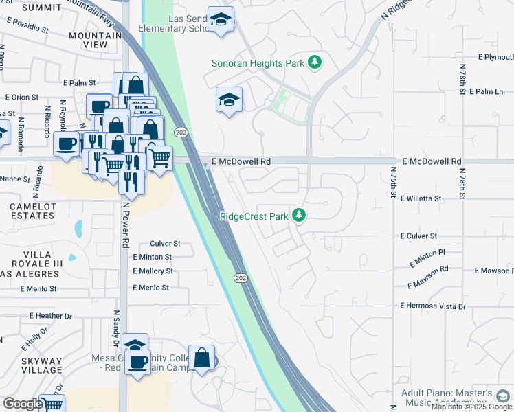 map of restaurants, bars, coffee shops, grocery stores, and more near 2947 North Augustine in Mesa
