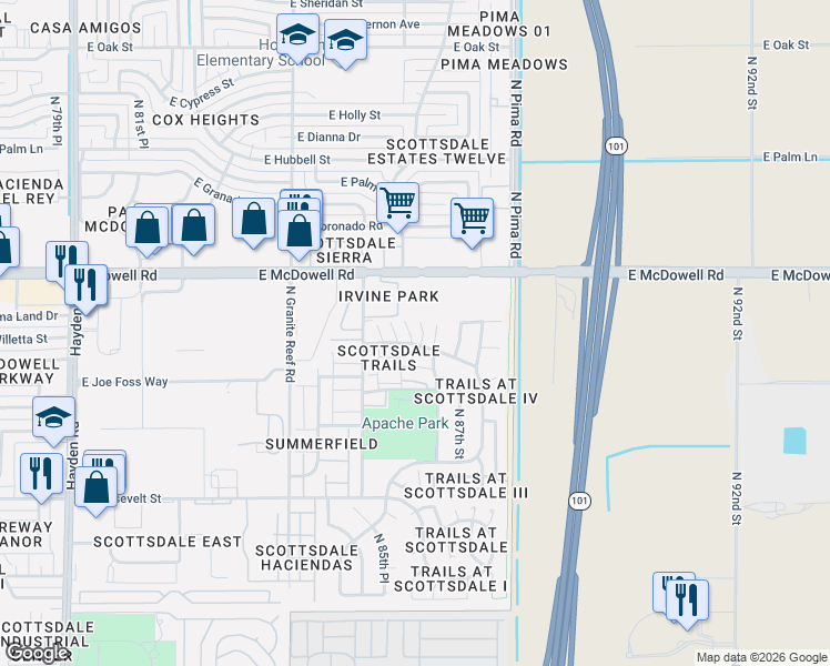 map of restaurants, bars, coffee shops, grocery stores, and more near 1306 North 86th Way in Scottsdale