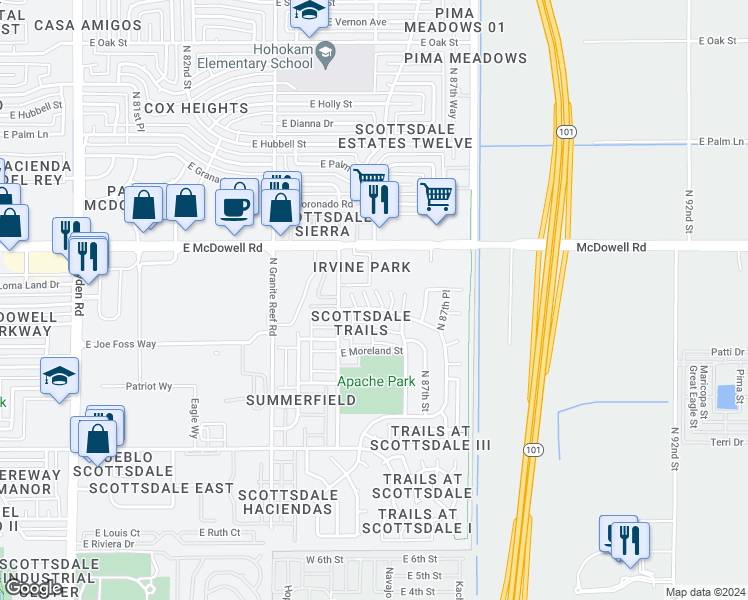 map of restaurants, bars, coffee shops, grocery stores, and more near 1306 North 86th Way in Scottsdale