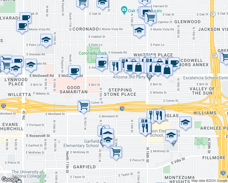 map of restaurants, bars, coffee shops, grocery stores, and more near in Phoenix
