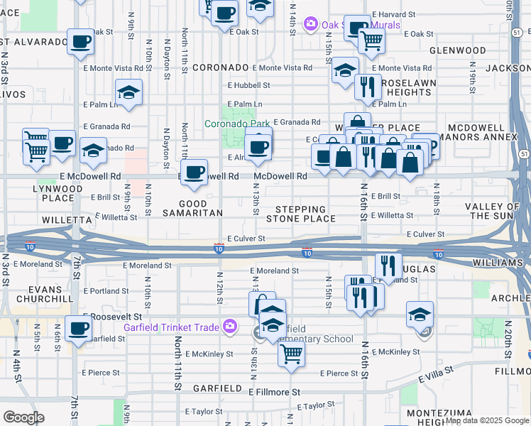 map of restaurants, bars, coffee shops, grocery stores, and more near in Phoenix