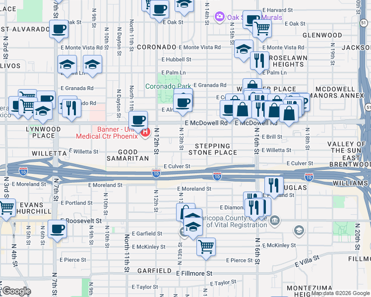 map of restaurants, bars, coffee shops, grocery stores, and more near 1225 East Willetta Street in Phoenix