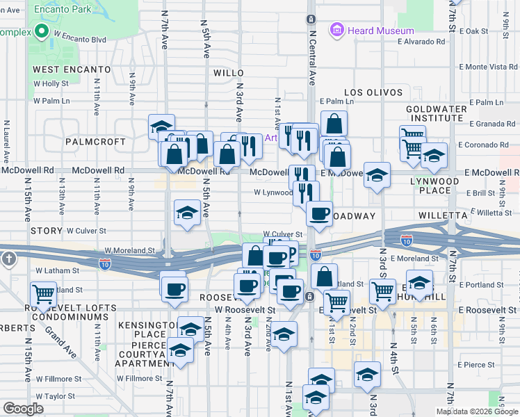 map of restaurants, bars, coffee shops, grocery stores, and more near 69 West Willetta Street in Phoenix