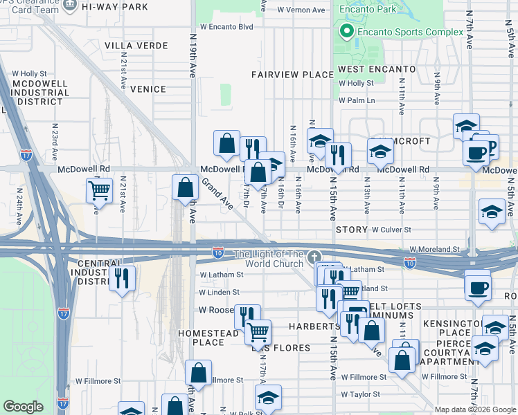 map of restaurants, bars, coffee shops, grocery stores, and more near 1407 North 17th Drive in Phoenix