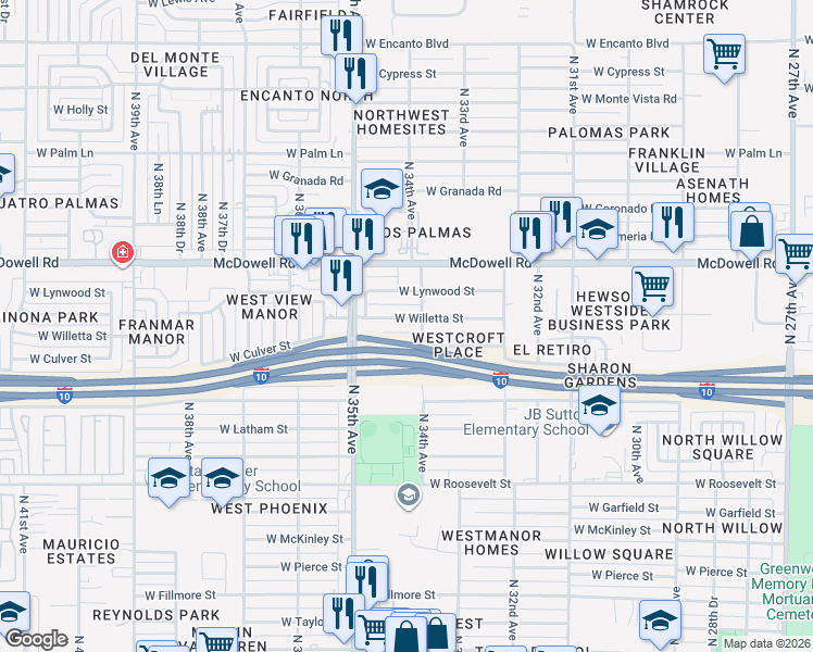 map of restaurants, bars, coffee shops, grocery stores, and more near 3413 West Willetta Street in Phoenix